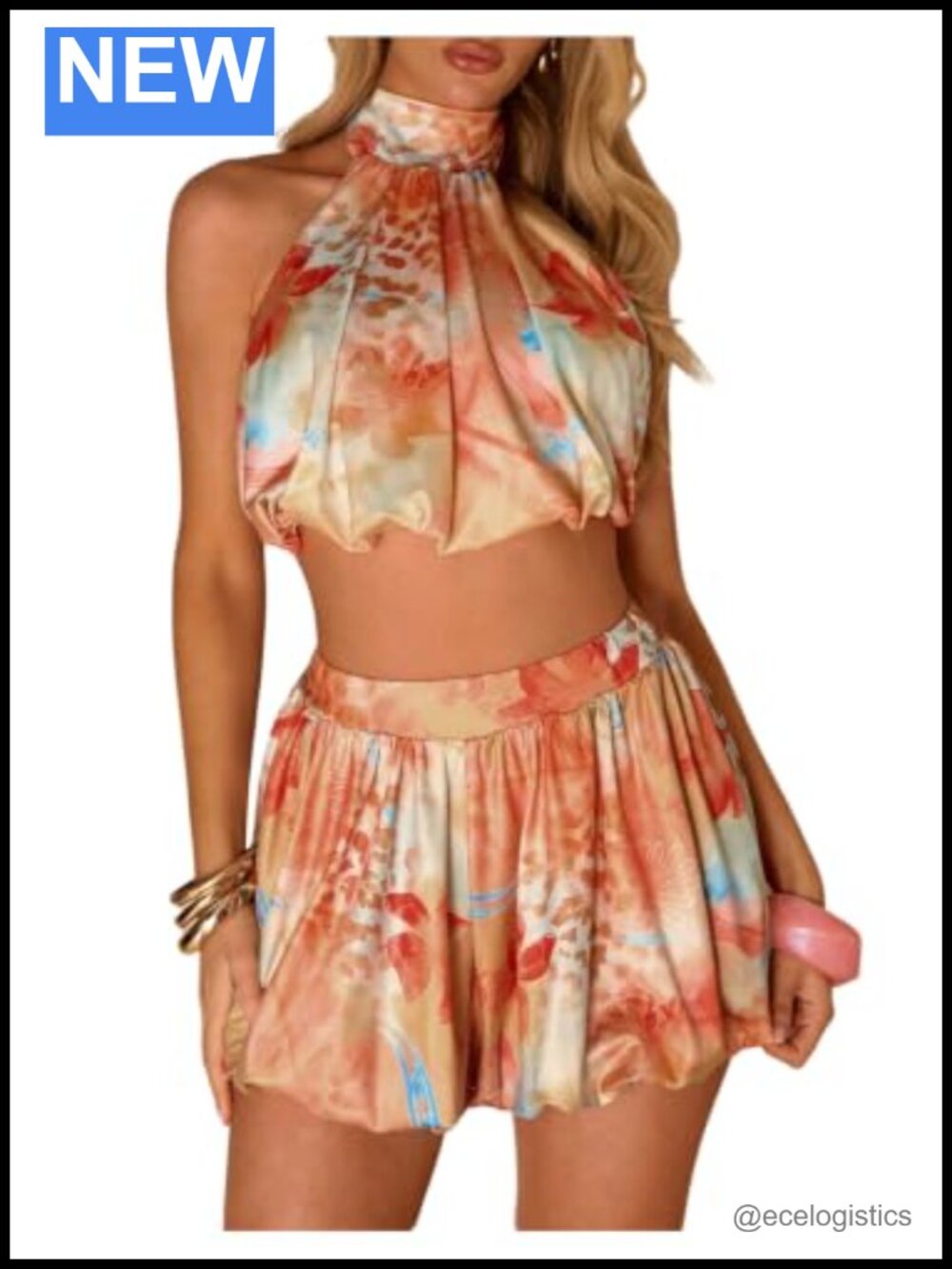 Floral Leopard Halter Bubble Top & Skirt Set Y2K Summer Two Piece Polyester